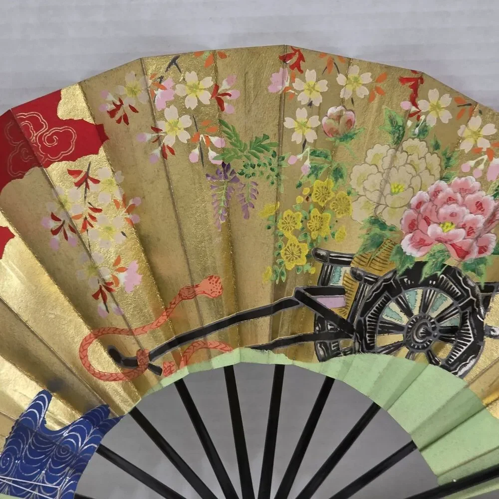 Vintage Oriental Folding Fan Floral Cart Design 19 1/2